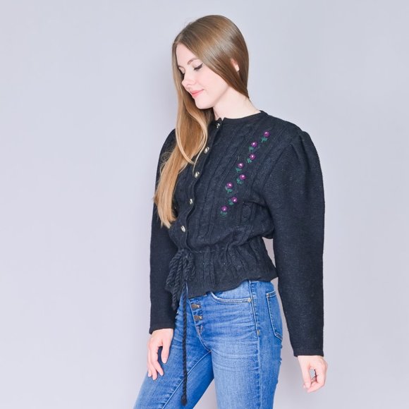 321. VINTAGE Trachtenmode Austrian Alps Grey Black Knit Wool Cardigan M - Picture 2 of 7